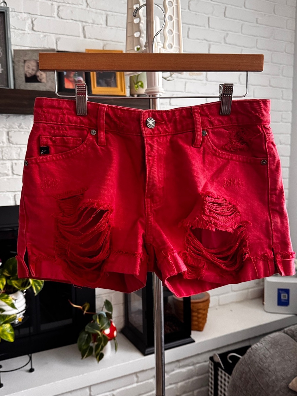 KanCan Red Distressed Denim Shorts Size Small